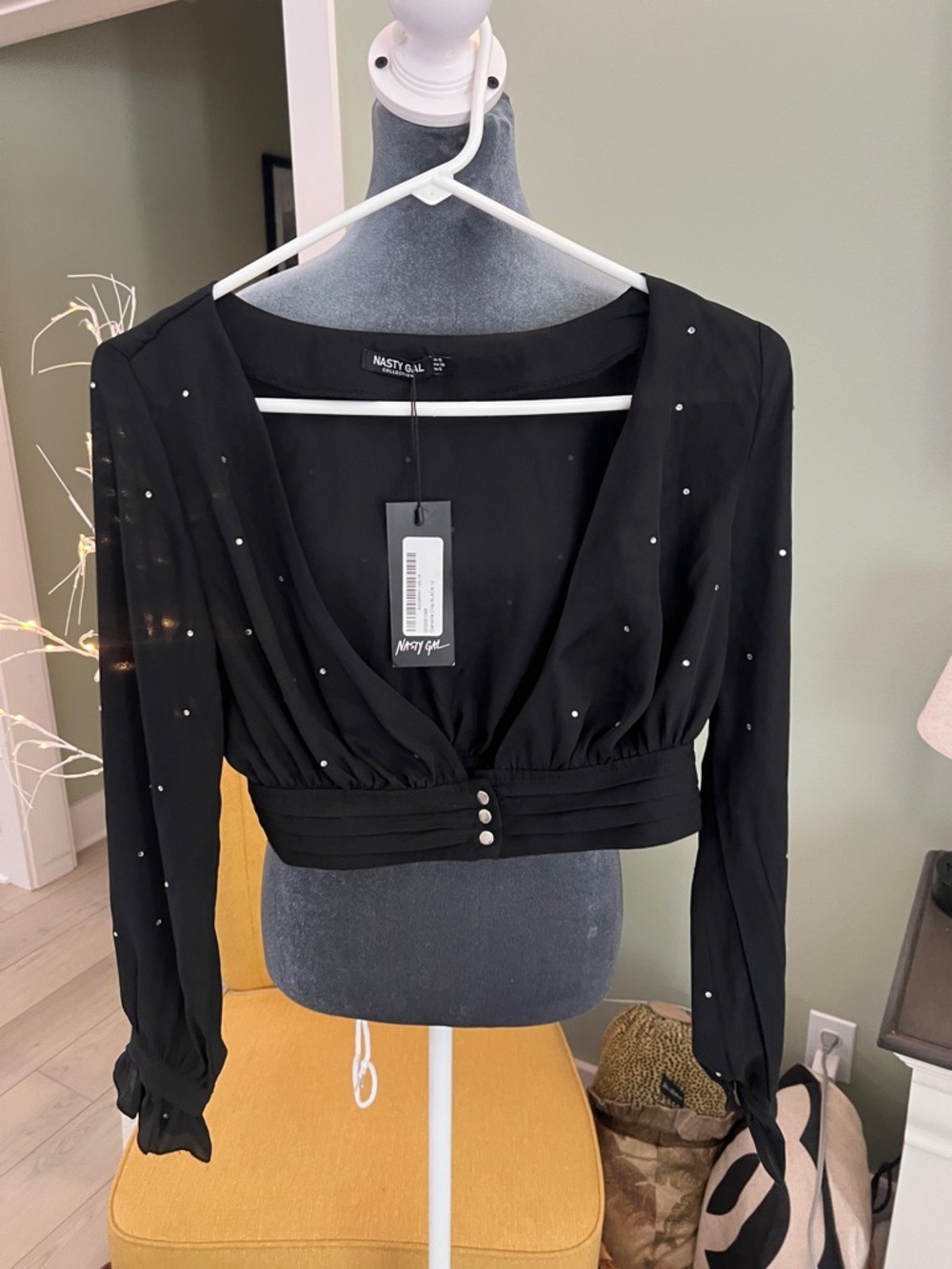 Nasty Gal Black Long-Sleeve Plunging Crop Top with Rhinestone Detail